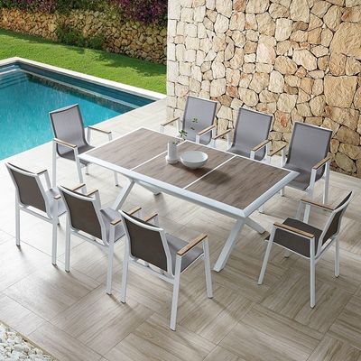 Buy Outdoor Metal Patio Garden Dining Table Set With 3m Wood Table And Balcony Lounge Chairs online manufacture
