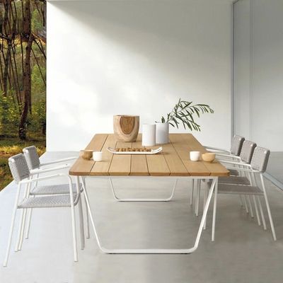 Buy OEM Teak Wood Garden Dining Table And Alumiunm / Rattan Chair Sets For 6 online manufacture