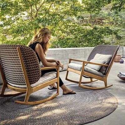 Buy Contemporary PE Rattan Chairs Teak Wood Rocking Chair Set Outdoor Customized Furniture online manufacture