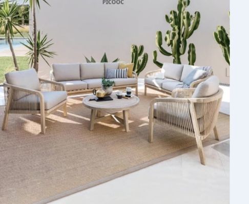 Buy Customized High End Nordic Garden Solid Wood Sofa Set Outdoor Teak Leisure Table Chairs online manufacture
