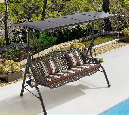 Metal Frame Rattan Seat Outdoor Double Hanging Chair With Awning