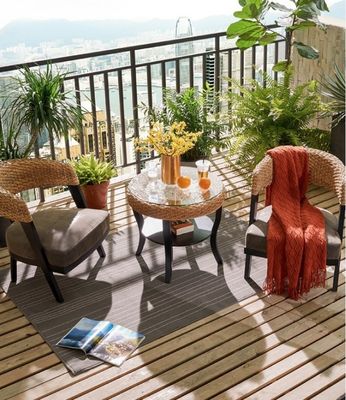 Tempered Glass 8mm Table Top Bistro Patio Table And Wood / Rattan Chairs
