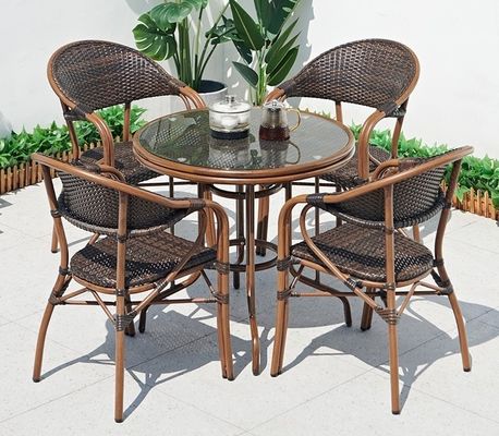 Glass Top PE Rattan Garden Dining Table And Chairs 5pcs Sets