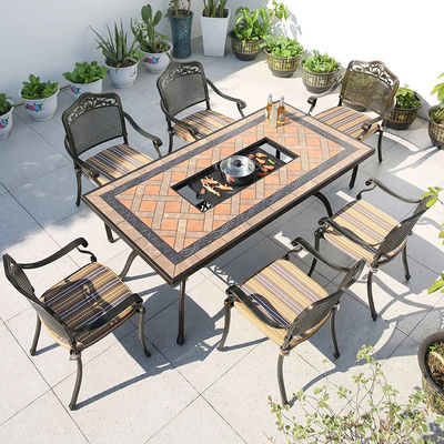 Tile Pattern Patio Dining Set Rectangel Picnic Table With Fire Pit