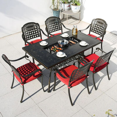 Garden Terrace Balcony Cast Aluminium BBQ Grill Rectangular Table and Chair Set 1.5M