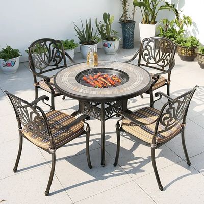 Balcony Dining Wooden Board Courtyard Table And Cast Aluminium Chairs