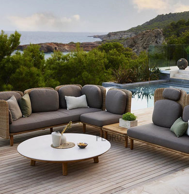 Hand Knitted Outdoor Teak Furniture Villa Hotel Garden PE Rattan Sofa And Table Set
